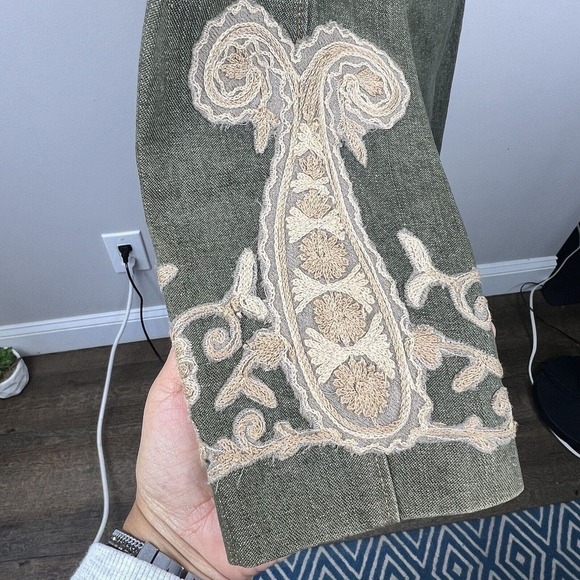 Plenty Tracy Reese Anthropologie Olive Green Embroidered Long Denim Nehru Jacket - Picture 13 of 16
